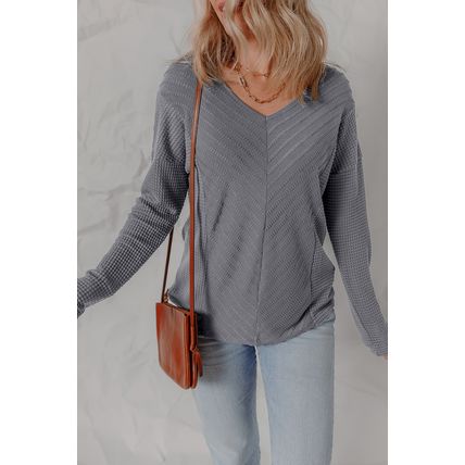 Sleet V Neck Chevron Texture Patchwork Long Sleeve Knit Top