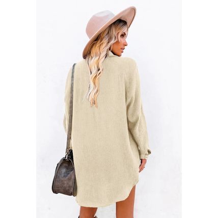 Beige Corduroy Shirt Style Full Button Long Sleeve Shift Mini Dress