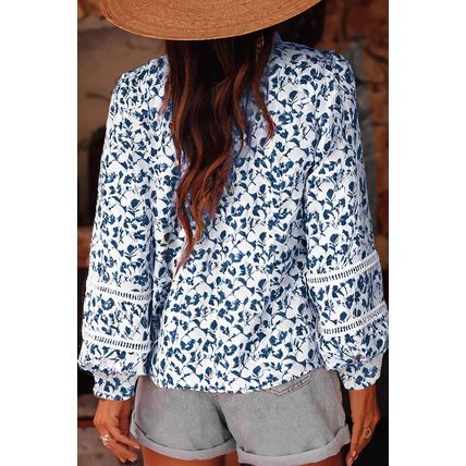 Blue Printed Lace Detail Floral Puff Sleeve Fall Shirt