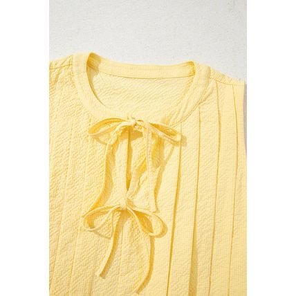 Yellow Cream Bow Tie Notched Neck Pleated Tank Top
