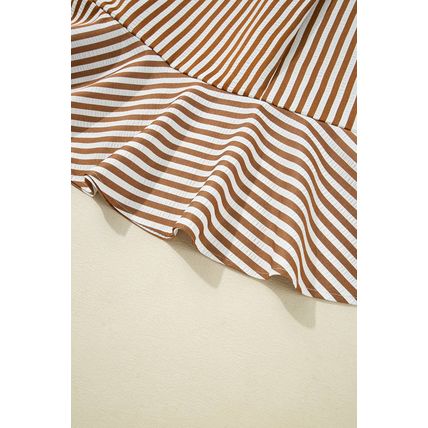 Brown Stripe Ruffled Hem Collared Long Sleeve Shirt Mini Dress