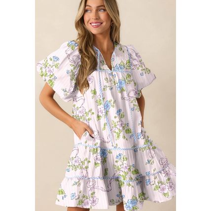 Pink Floral Striped Print Contrast Trim Tie Split Neck Mini Dress