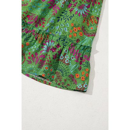 Green Floral Tie Split Neck Frilly Ruffle Trim Tiered Short Dress