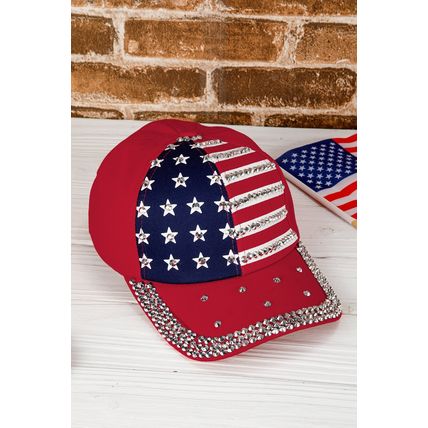 Fiery Red American Flag Rhinestone Decor Baseball Cap