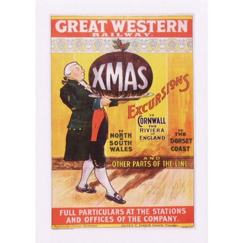 Railway Poster Art Postcard GWR Christmas Excursions Great Western Pudding