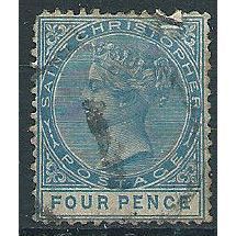 St Christopher 1887 SG17 4d Blue Wmk Crown CA Good Used (Rub at top) . ..