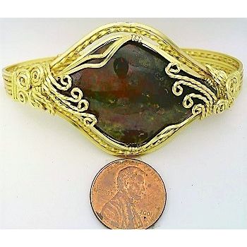 Bloodstone Gold Wire Wrap Gemstone Bangle Cuff Bracelet Sz. 7