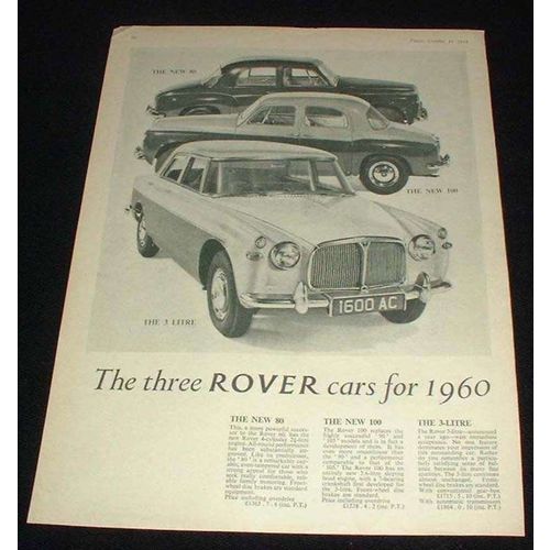 1960 Rover 80, 100, & 3-Litre Car Ad, NICE!!