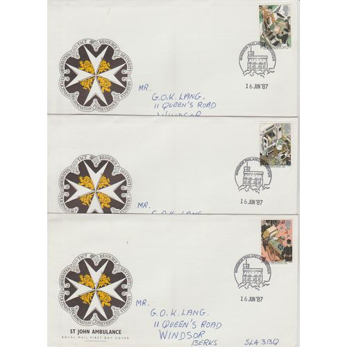 GB 1987 St John Ambulance 3 x different single stamp GPO FDCs Windsor pm