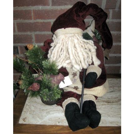 Santa Claus Doll in Burgundy Outfit w/very long cap, bird and evergreens