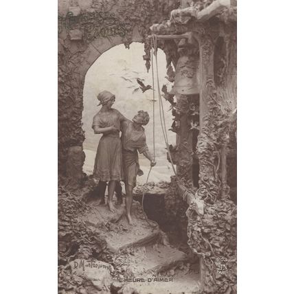 French Antique Lovers Statue Covered In Mud Easter Old Postcard