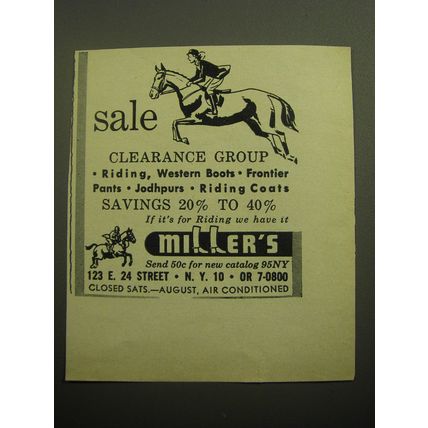 1958 Miller's Riding Clothes Ad - Sale Clearance Group