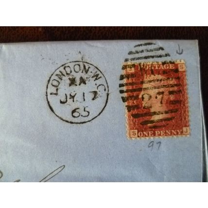 1865 GB QV 1d Red stamp JS Plate 97 entire Fisher Solicitors Ashby de la Zouch