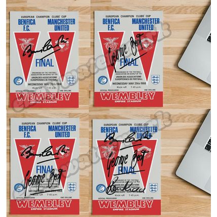 1968 European Cup Final Programme with Charlton, Best & Kidd autographs A5 Print