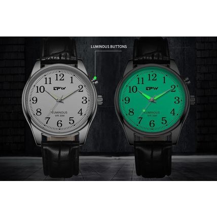 White Electro-Luminescent (Indiglo) Light Up Face Black Leather Strap Watch