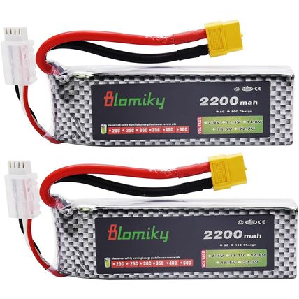 Blomiky 2 Pack XT60 Plug 11.1V 3S 2200Mah Lipo Battery and 1 Charger for RC Evad