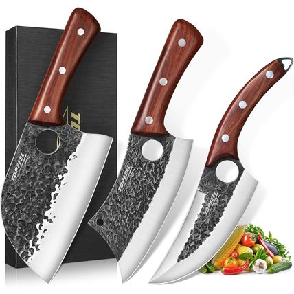 3PCS Butcher Knife Set, Hand Forged Serbian Chef Knives & Meat Cleaver & Viking