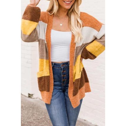 Open Front Pocketed Colorblock Cardigan