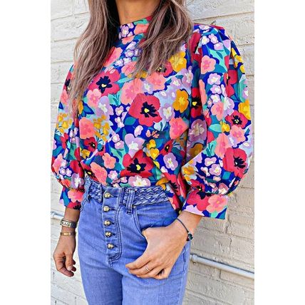 Blue Mock Neck Bubble Sleeve Floral Print Blouse