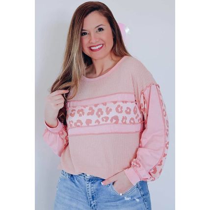 Pink Leopard Patchwork Exposed Seam Waffle Knit Top