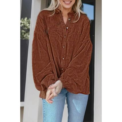 Coffee Textured Corduroy Puff Sleeve Shacket