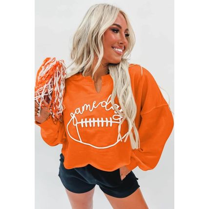 Orange Game Day Lettering Rugby Notched Neck Sweatshirt