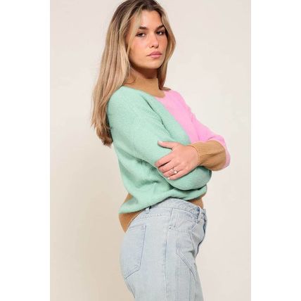Multicolour Colorblock Mock Neck Ribbed Trim Sweater