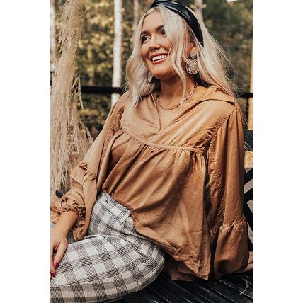 Brown Puff Sleeve Collared Pleated Babydoll Blouse