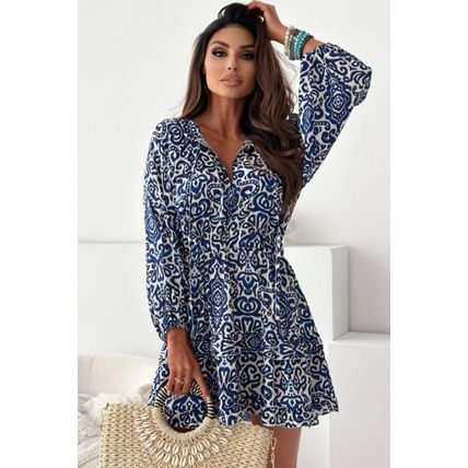 Blue Vintage Print Lace up V Neck Long Sleeve Mini Dress