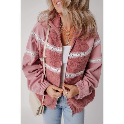 Rose Pink Sherpa Patchwork Lace Elastic Cuff Zip Up Jacket