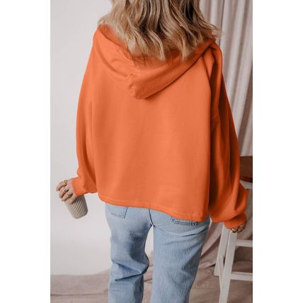 Orange Fleece Lined Half Zipper Kangaroo Pockets Loose Hoodie