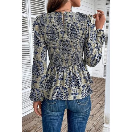 Sky Blue Boho Printed Balloon Sleeve Smocked Peplum Blouse