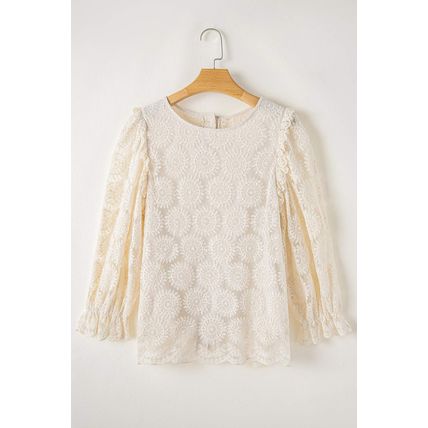 Oatmeal Flower Jacquard Button Back Ruffled 3/4 Sleeve Blouse