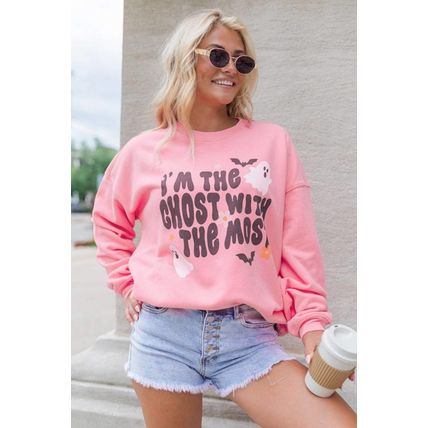 Pink Halloween Slogan Ghost Bat Graphic Drop Shoulder Sweatshirt