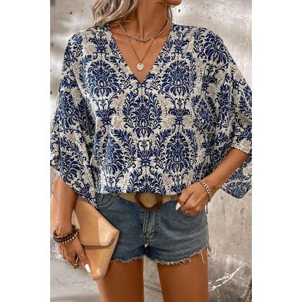 Blue Vintage Flower Tree Quarter Sleeve V Neck Blouse