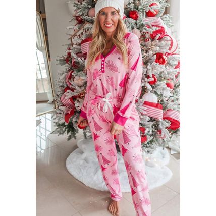 Pink Christmas Tree Print V Neck Buttoned Pullover and Drawstring Pants Lounge S