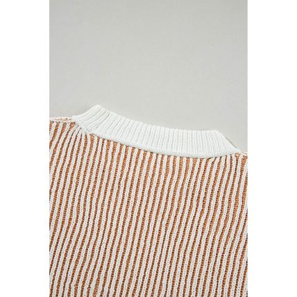 Chestnut Striped Textured Knit Contrast Edge Loose Sweater