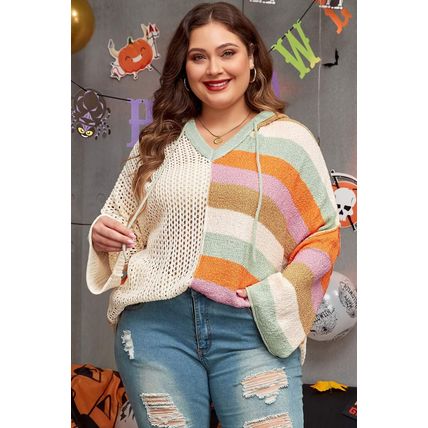 Beige Pointelle Knit Colorblock Patchwork V Neck Hooded Plus Sweater