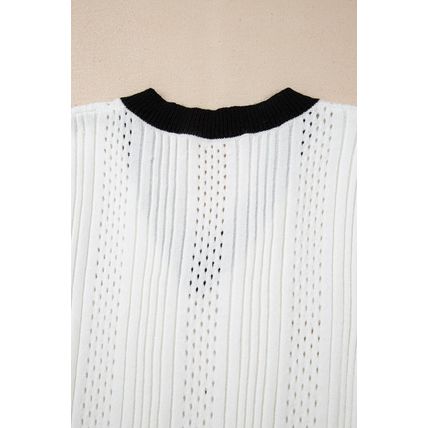 White Contrast Trim Eyelet Knit Colorblock V Neck Sweater Vest