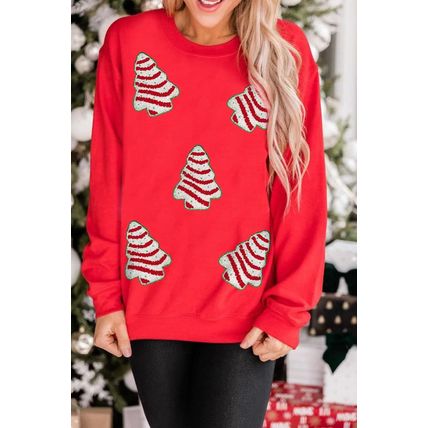 Red Playful Christmas Tree Patched Dropped Shoulder Sweatshirt