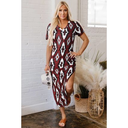Red Western Aztec Printed Long T-shirt Dress