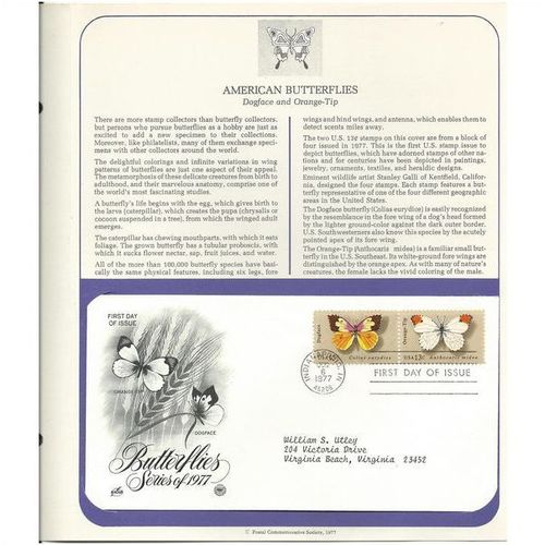 AMERICAN BUTTERFLIES : Dogface/Orange Tip 'OFFICIAL FIRST DAY of ISSUE ' ( 1977)