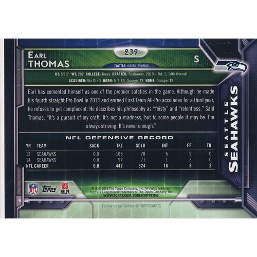 2015 Topps Football 239 Earl Thomas Seattle Seahawks