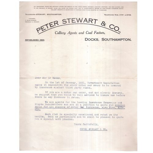PETER STEWART & CO, SOUTHAMPTON DOCKS letter 1930 Car Insurance rates reminder /