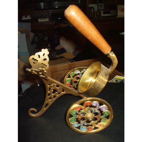 Vintage Israeli Brass Wine Bottle Pourer Holder Stand w/Wood Handle