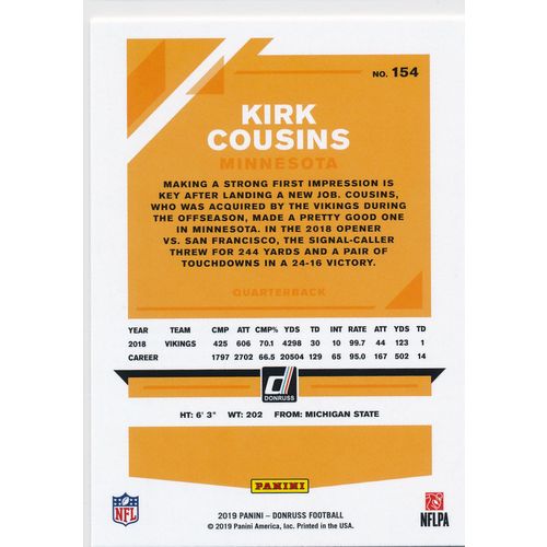 2019 Donruss Football Base 154 Kirk Cousins Minnesota Vikings