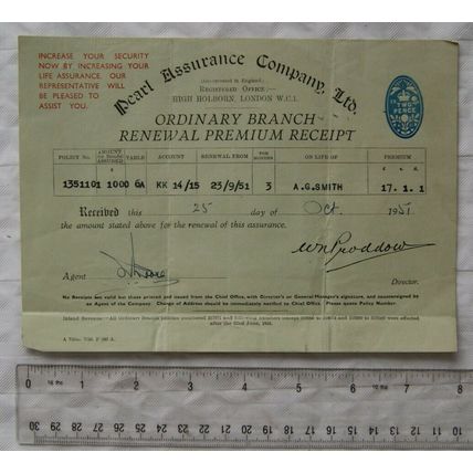 1951 premium receipt Pearl Assurance Co., London - A. G. Smith