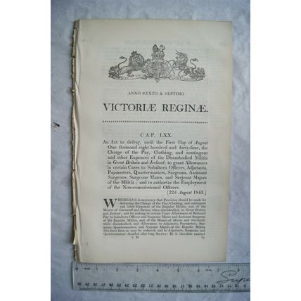 1843 Act of Parliament: pay, clothing, expences Disembodied Militia - officers