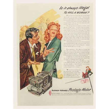 Pitney Bowes Postage Meter Murdering A Woman Advertising Postcard