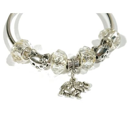 Silver Bracelet Bangle - Dolphin Owl Cat Charm Black Orange Green Blue Beads